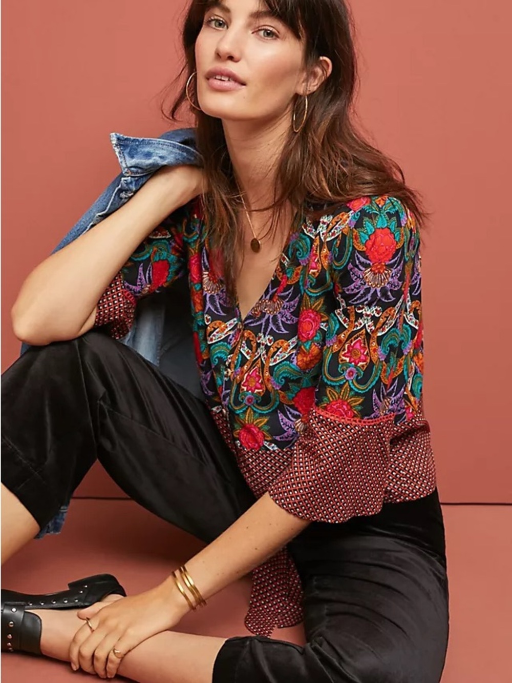 Anthropologie Carter Blouse Floral Paisley Tie-Front Top in Purple & Orange